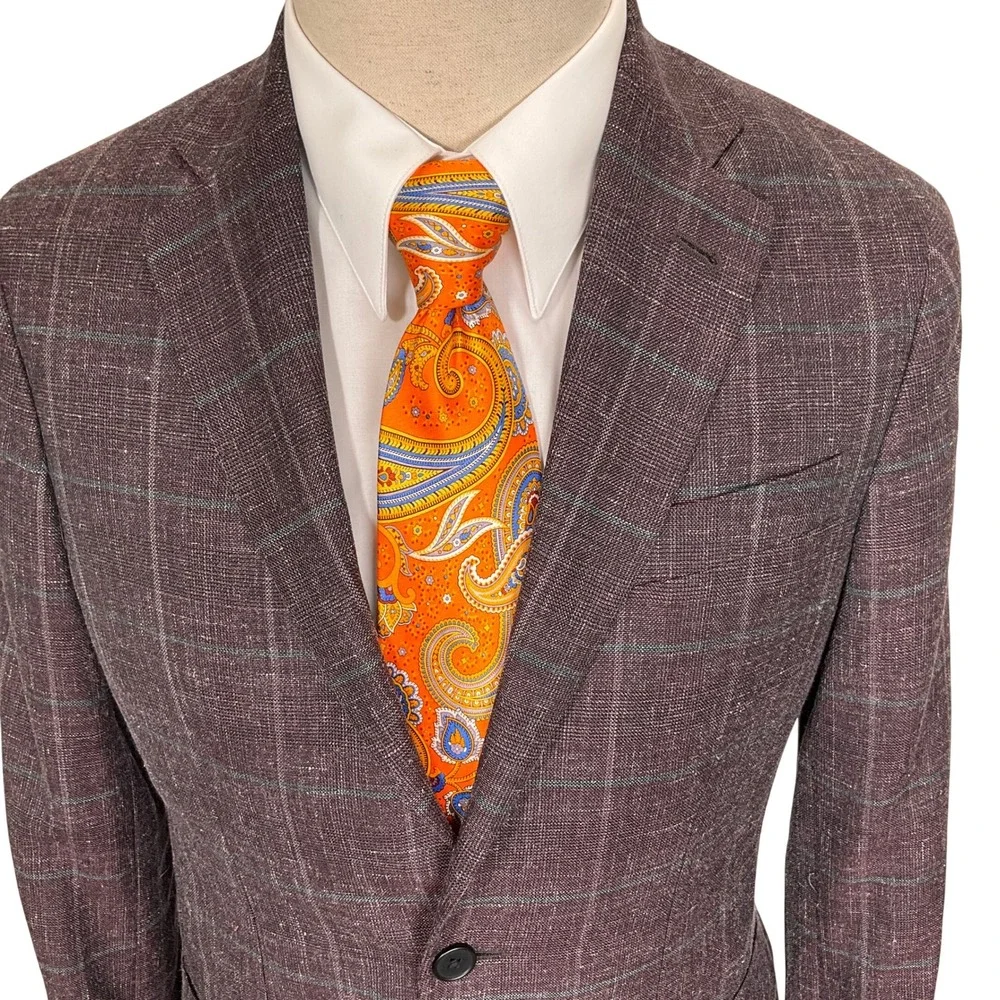 Nordstrom Blazer Mens 36R Plum Plaid Trim Fit Quiet Luxury Wool/Silk/Linen
